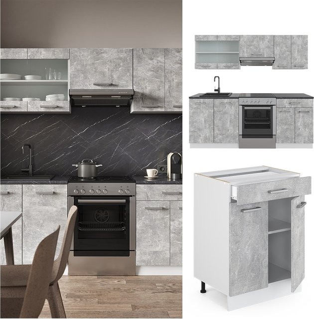Vicco R-Line Küchenzeile Beton und Weiß mit Marmor-Optik, Breite: 200 cm - Bild 1