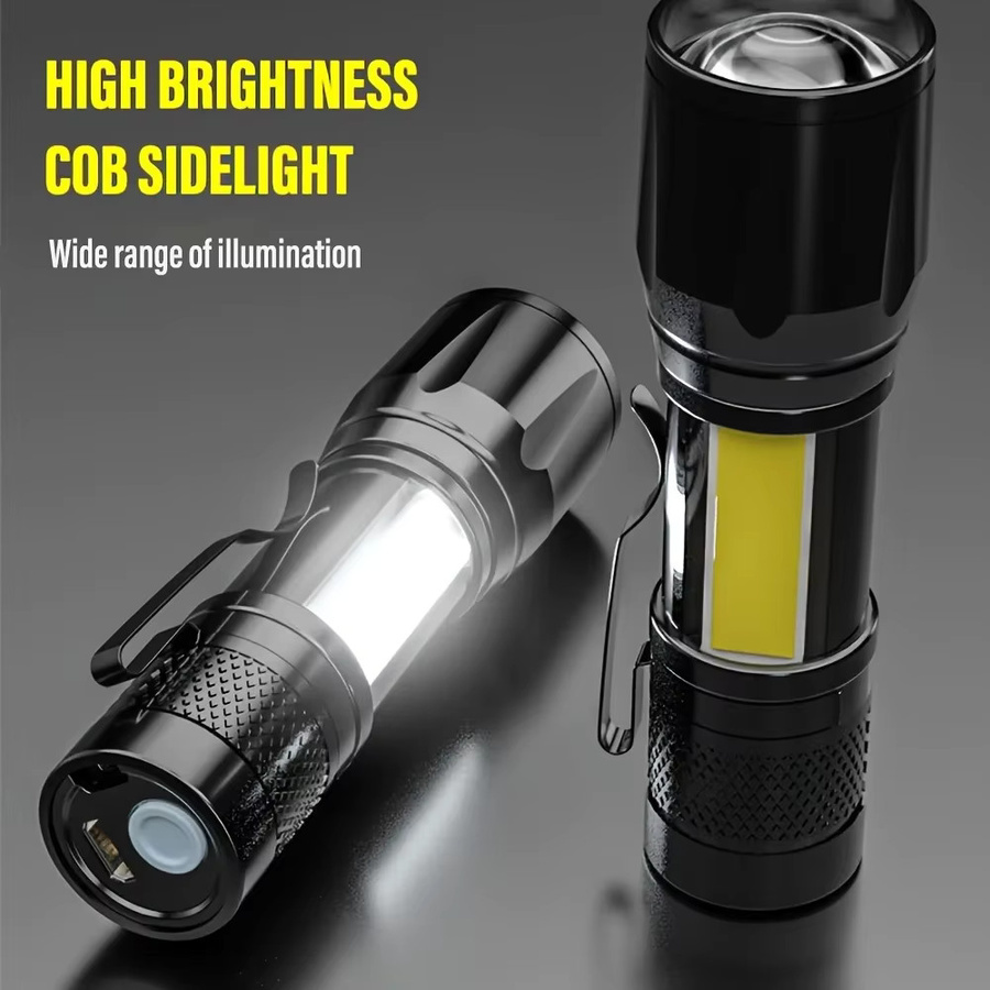 Heinast Mini LED Taschenlampe mit COB und XPE, tragbare USB-Aufladbare Camping Laterne mit Zoom und Stift-Clip, Schwarz - Bild 2