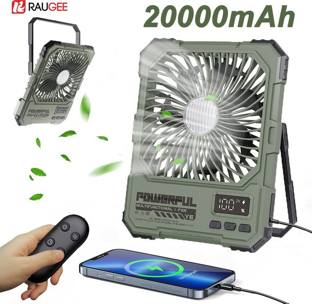Raugee Camping-Ventilator mit 20000 mAh Akku, wiederaufladbarer Deckenventilator mit LED-Licht und Powerbank-Funktion, Farbe: Grün - Bild 1