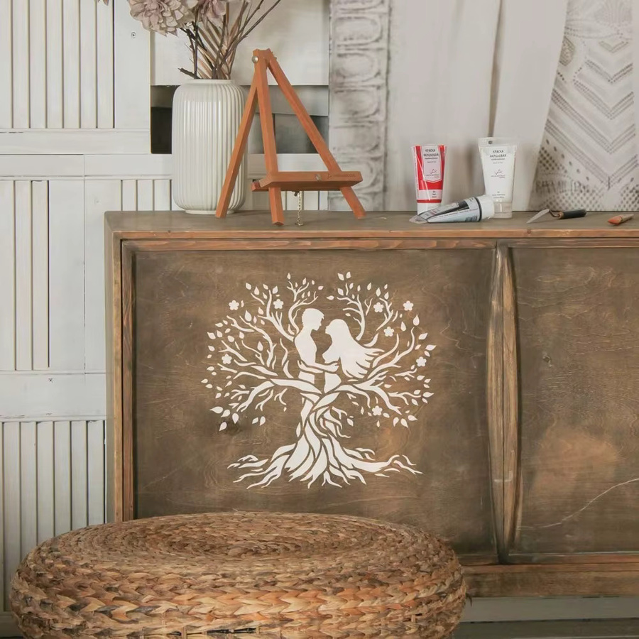 Paar-Tre Baum des Lebens Malschablone aus Kunststoff im Vintage-Stil mit 1 Pinsel, B/B: 30 x 30 cm - Bild 4