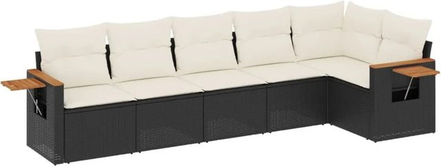 vidaXL 6-teilige Garten-Sofagarnitur in L-Form aus Poly-Rattan und Akazienholz mit Kissen in Schwarz und Cremeweiß - Bild 1