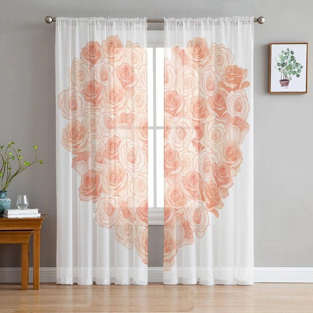 A Family Of Home Textiles Romantischer Tüll-Vorhang Rosa Rose mit floralem Design, transparenter Chiffon-Vorhang für Wohnzimmer, Küche und Schlafzimmer, Breite: 135 cm, Höhe: 114 cm - Bild 1