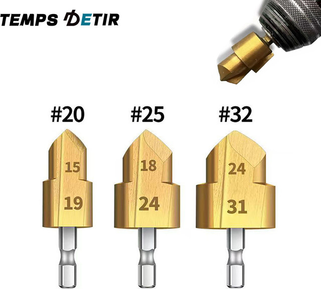 TEMPS DETIR PPR-Wasserrohr-Hebebohrer-Set für PVC-Kunststoffrohre, Stufenbohrer in 20 mm, 25 mm und 32 mm mit 1/4-Zoll-Sechskantgriff, Farbe Gold - Bild 1