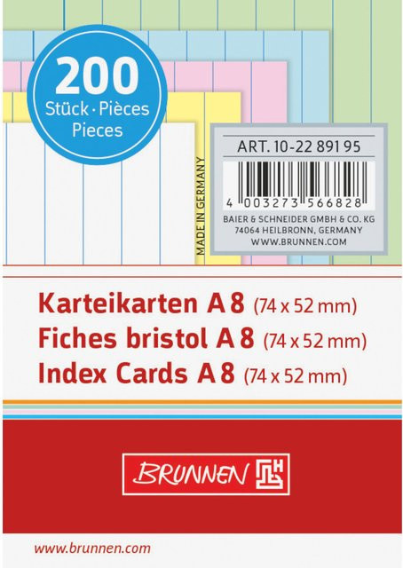 Brunnen Karteikarten A8 liniert sortiert in Weiß, Gelb, Rosa, Blau und Grün - Bild 1