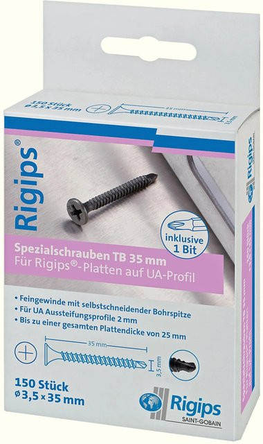 Saint-Gobain Rigips Spezialschrauben TB mit Bohrspitze aus Stahl in Silber, Durchmesser: 3,5 mm, Länge: 35 mm, 150 Stück - Bild 1