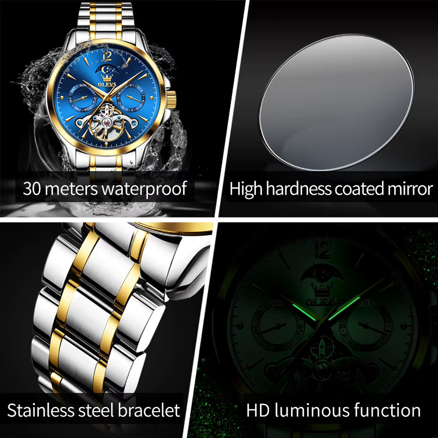 OLEVS Armbanduhr, Automatik, Skeleton, Mondphase, Edelstahl, Blau, Gold, Herren - Bild 5