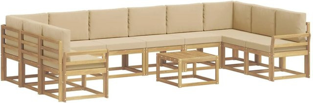 vidaXL Outdoor-Sofagarnitur L-Form aus Akazienholz mit 11 Kissen in Weiß und Beige - Bild 1
