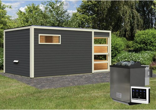 KARIBU Saunahaus Walk in Grau mit 9 kW Bio-Kombi-Ofen und externer Steuerung, B/T/H: 508 x 276 x 210 cm - Bild 1