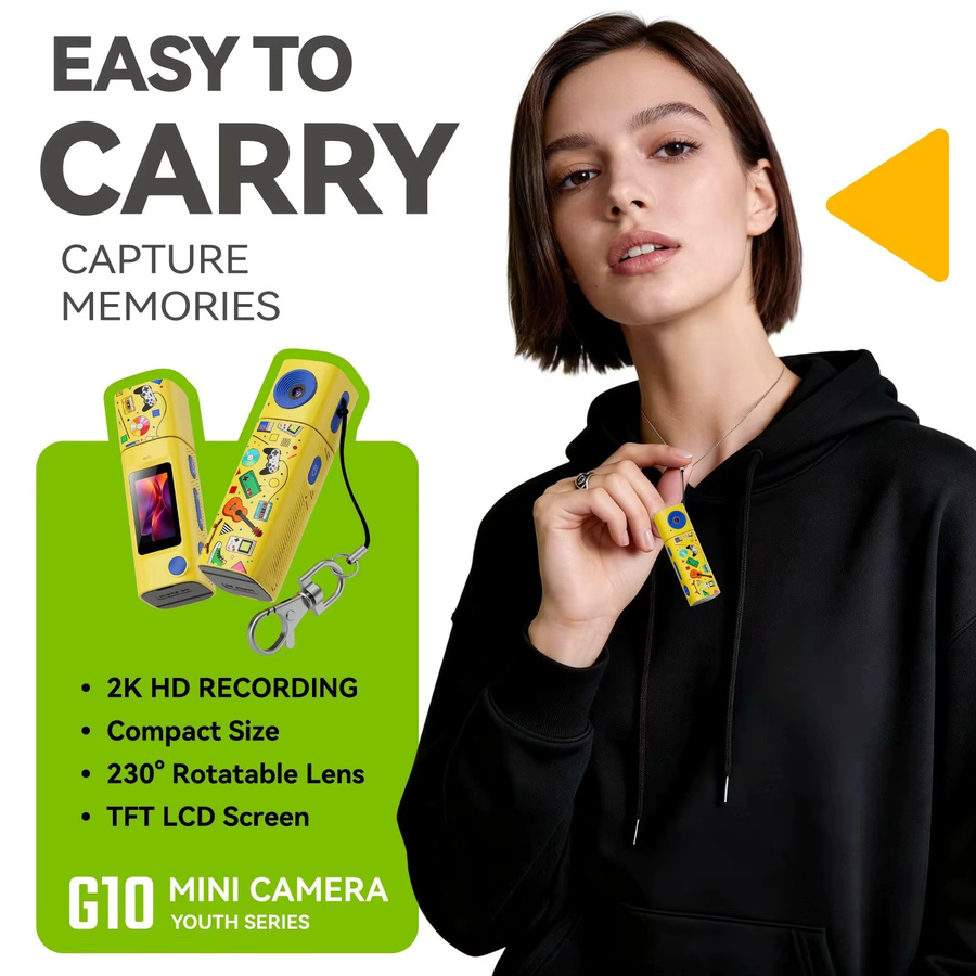 Ourlife 2K Daumenkamera mit 230 Grad Flip-Lens, tragbare Mini Digitalkamera als Schlüsselanhänger in Weiß oder Gelb - Bild 2
