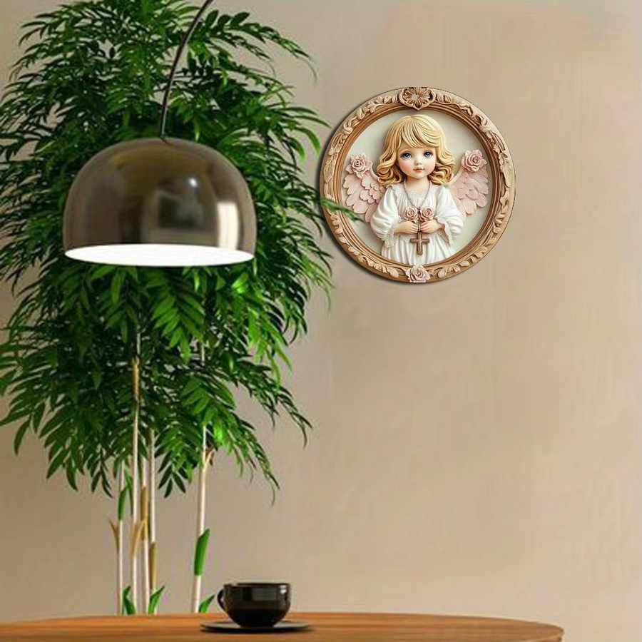 Potdemiel Vintage Angel Girl Wandkunstschild aus Aluminium mit Blumen- und Kreuzdesign, rund, Mehrfarbig, Durchmesser: 20,3 cm - Bild 4