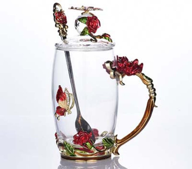 DingDong Hitzebeständige Glastasse mit floralem Design in Rot, 370 ml - Bild 1