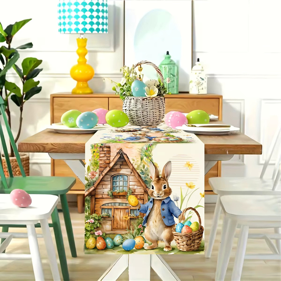 ZZN Vintage Ostern Tischläufer mit Hasen, Eiern und Blumenmuster aus Leinen, Mehrfarbig, B: 33 cm, L: 183 cm - Bild 2