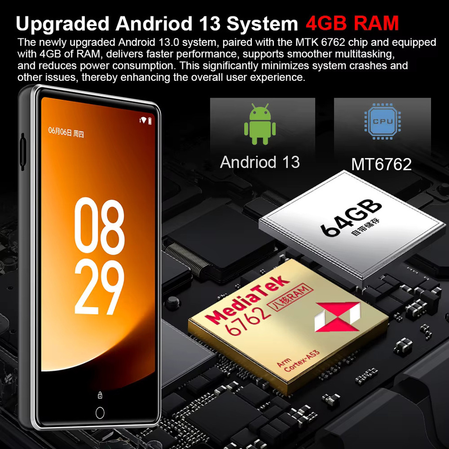 Famue Android 13 MP3-Player mit Bluetooth und WLAN 2.4G/5G, 4 GB RAM, Spotify und Play Store, 4,0-Zoll-Großbildschirm, Schwarz - Bild 2