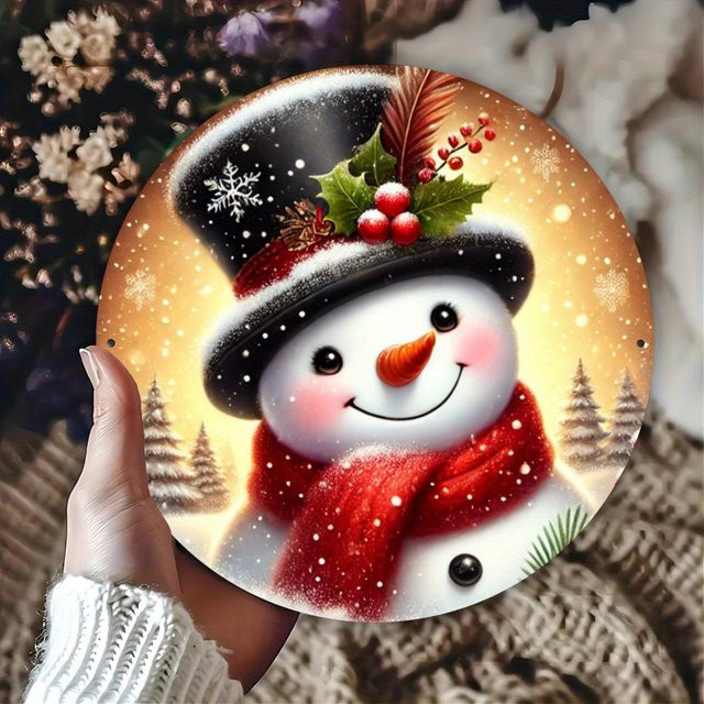 Potdemiel Rustikales Weihnachts-Schneemann-Kranzschild aus Eisen in Rot und Mehrfarbig mit Zylinder und burgunderfarbenem Schal, Durchmesser: 20 cm - Bild 1