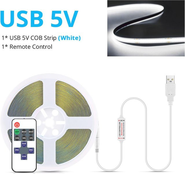 MALITAI COB LED-Streifen mit USB-Anschluss und RF-Fernbedienung, dimmbar, 5V, 1m Länge, CCT Warmweiß und Kaltweiß, 320 LEDs mit RA90 für TV-Hintergrundbeleuchtung - Bild 1