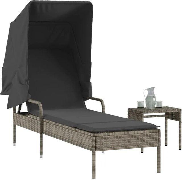 vidaXL Sonnenliege aus grauem PE-Rattan mit Sonnendach und Beistelltisch - Bild 1