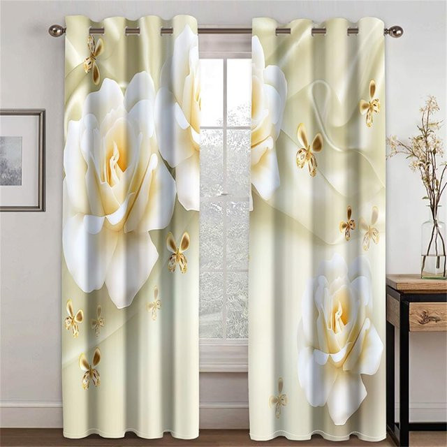 3D Rosen Vorhänge mit floralem Design in Rot, Gold, Blau und Beige, 2er-Set aus Polyester, semi-transparent, B: 70 cm, H: 245 cm - Bild 1