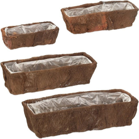 Relaxdays Blumenkasten 4er Set aus Tannenholz mit Kokosfaser und PE-Auskleidung in Braun, rustikal und länglich