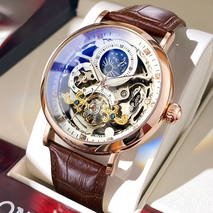OLEVS Armbanduhr, Automatik, Skeleton, Weiß, Leder, Herren - Bild 1