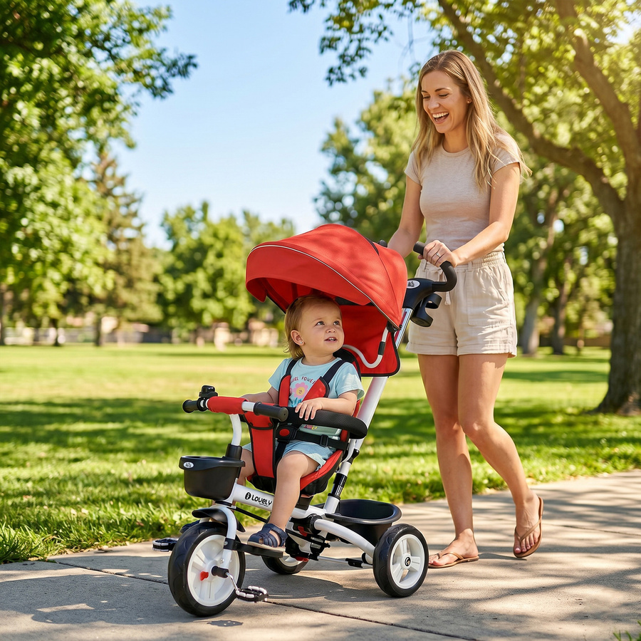 HOMCOM 6 in 1 Kinderdreirad mit Schubstange und Sonnendach in Rot, faltbares Dreirad mit Sicherheitsgurt und Korb für Kinder bis 25 kg, B/H/L: 50 x 104 x 112 cm - Bild 2