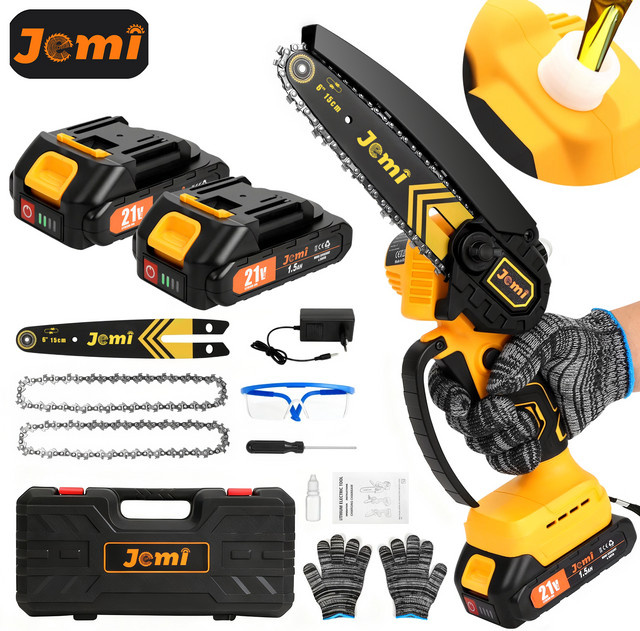 Jemi Tool 6-Zoll-Kettensäge mit automatischem Schmiersystem in Gelb für Holzschnitt, Baumtrimmen und Gartenarbeit - Bild 1