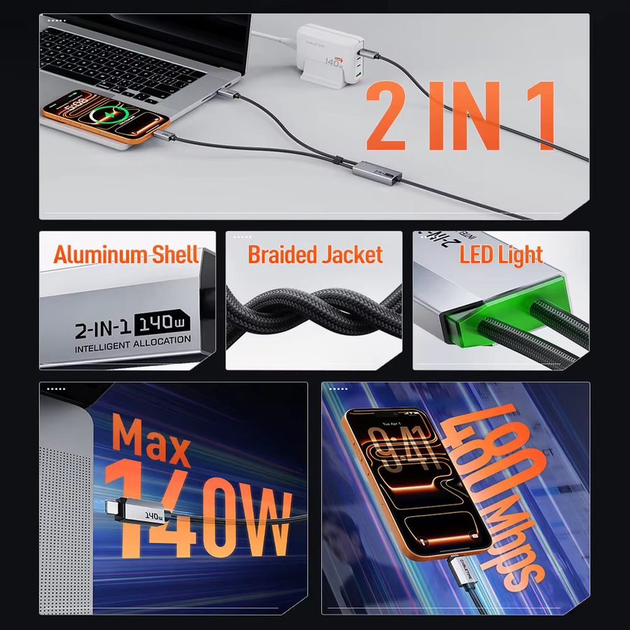 CABLETIME 2-in-1 USB-C-Kabel mit Dual-Ausgang, 140W Schnellladung und 480Mbps Datenübertragung für Laptops und iPhone 17 Pro - Bild 3