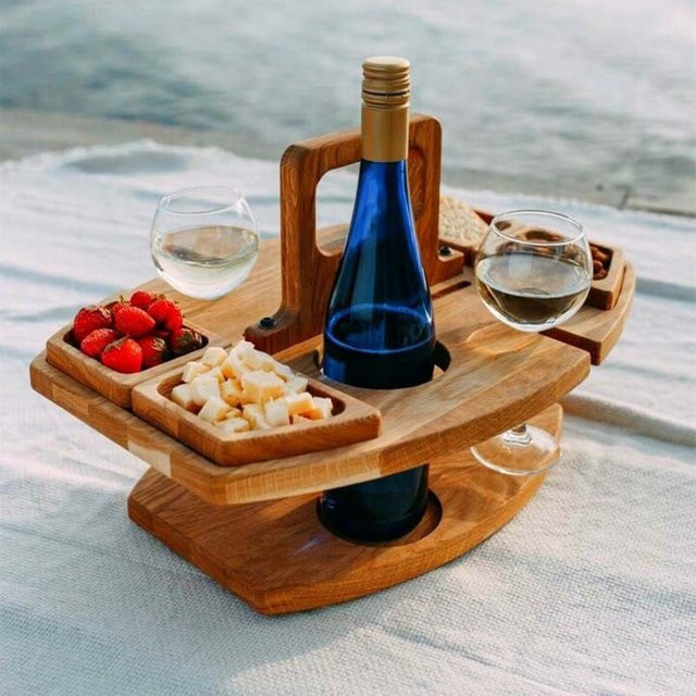 Runder faltbarer Picknicktisch aus Holz von LYF mit Glashalter in Braun, B/T/H: 36 x 31 x 26 cm - Bild 1
