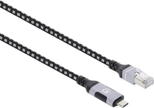 Manhattan USB-C auf RJ45 USB 3.2 Gen1 Datenkabel mit Stoff-Ummantelung, Schwarz/Silber, Länge: 200 cm - Bild 1