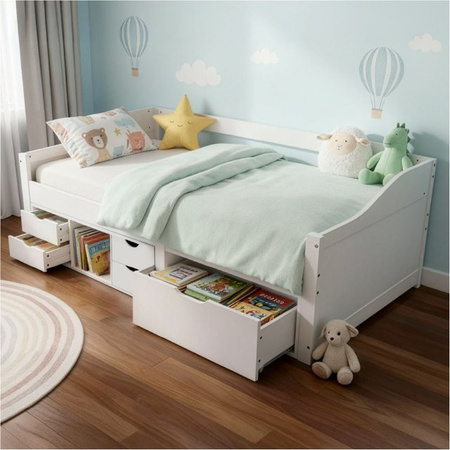 Juskys Funktionsbett Nalu Kinderbett aus Kiefernholz mit Schubladen und Lattenrost in Weiß, B/T/H: 90 x 200 x 150 cm