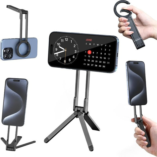 DUTRIEUX 3-in-1 Magnetischer Stativständer mit 360 Grad Drehung, Verstellbares Ultraleichtes ABS-Mini-Stativ mit 1/4-Zoll-Anschluss und Faltbarem Handyhalter inklusive Tasche in Schwarz oder Silber - Bild 1