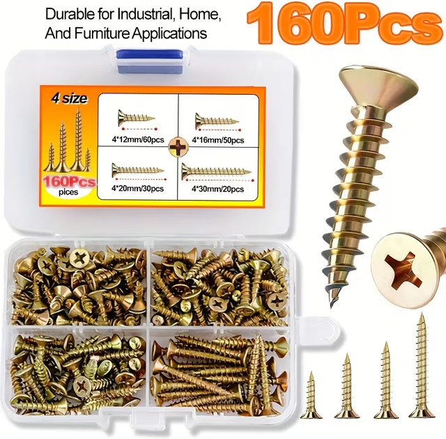 160 Stück multifunktionale selbstschneidende Senkkopfschrauben mit Kreuzkopf in Gold und Multicolor, M4 mit Längen von 12 mm, 16 mm, 20 mm und 30 mm - Bild 1