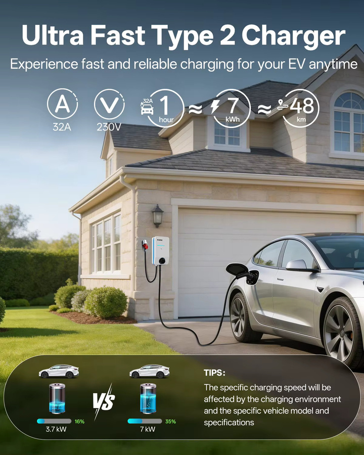 KUKO Typ 2 EV-Ladegerät Tragbares Ladegerät mit WLAN-App und Bluetooth-Steuerung, 32A Einphasig/Mehrphasig, Weiß - Bild 6