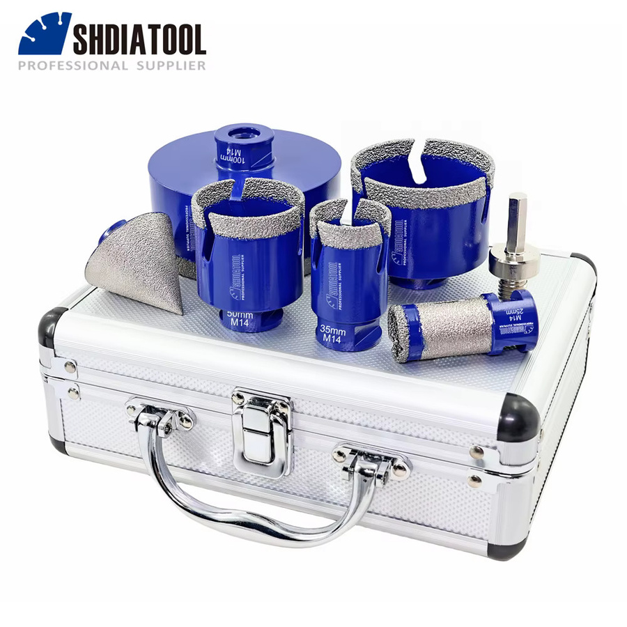 SHDIATOOL 7-teiliges Diamant-Kernbohrer-Set mit Lochsäge Ø35-100mm, Fasenfräser 50mm und Fräsfingerfräser 25mm inklusive HEX-Adapter für Keramikfliesen, Blau - Bild 2