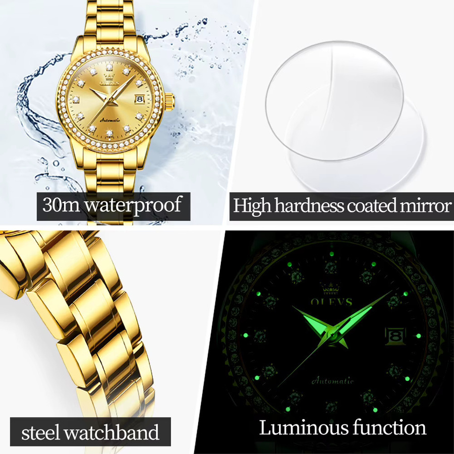 OLEVS Armbanduhr Automatik, Edelstahl, Gold, Diamantbesetzt, Damen - Bild 4