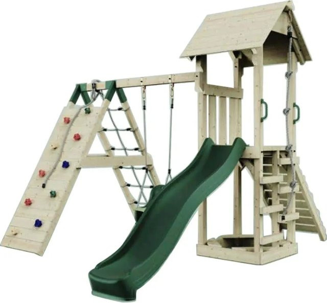 PolarPlay Spielturm Trondheim aus Holz mit Babychaukel, Kletterwand und Rutsche in Grün - Bild 1