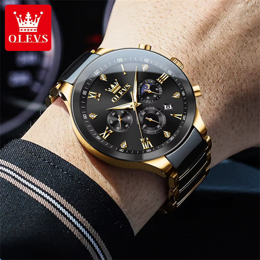 OLEVS Armbanduhr, Quarz, Keramik, Edelstahl, Schwarz, Herren - Bild 2