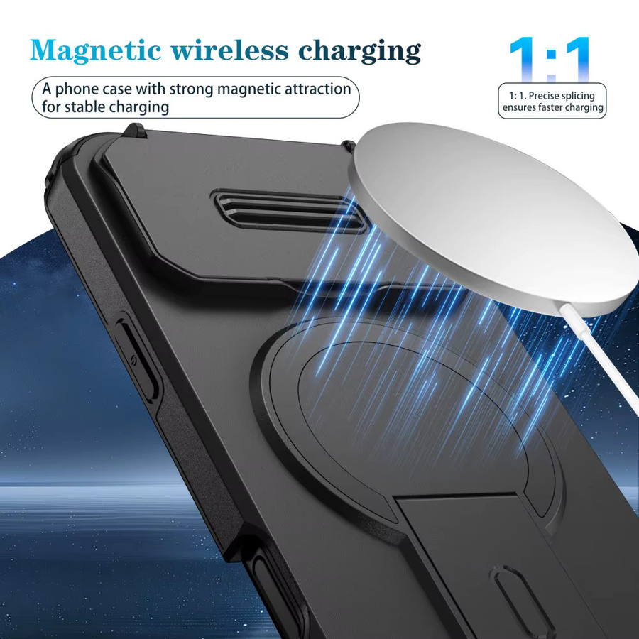 Magnetische Schutzhülle mit Slide-Kamera-Abdeckung und Kickstand für iPhone 11 bis iPhone 17 Pro Max in Schwarz - Bild 5