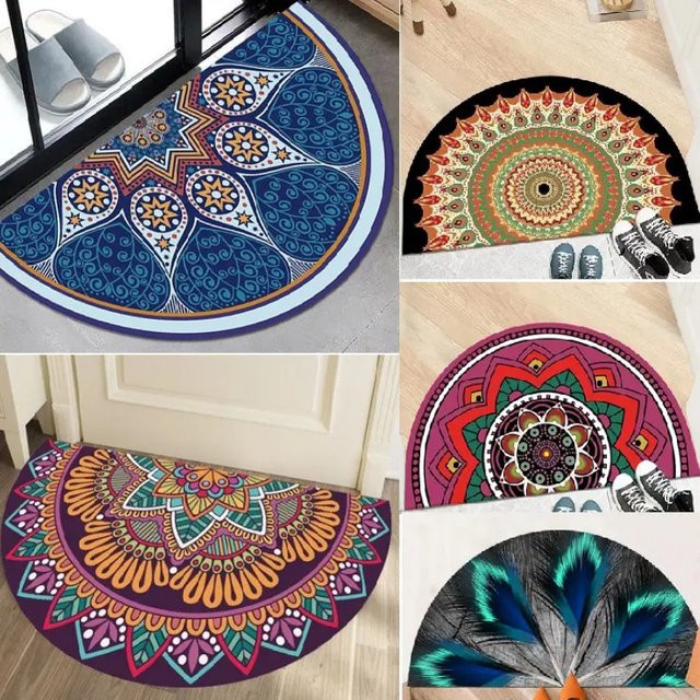VIKAMA Halbrunde Boho-Mandala-Fußmatte in Multicolour, rutschfest und waschbar, Durchmesser: 60 cm, Tiefe: 40 cm - Bild 1