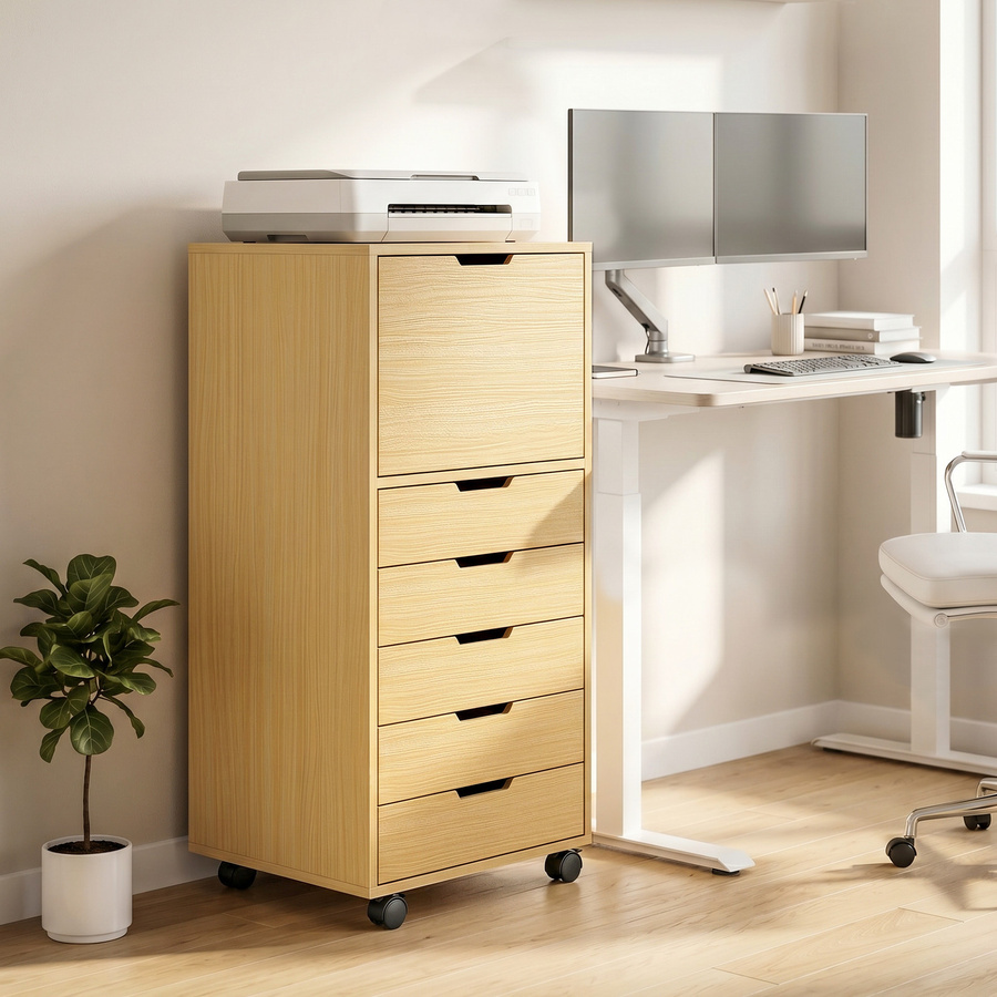 HOMCOM Rollcontainer mit 5 Schubladen und Soft-Close, Büroschrank mit Druckerablage auf Rollen für dein Home-Office, Farbe: Braun/Beige - Bild 2