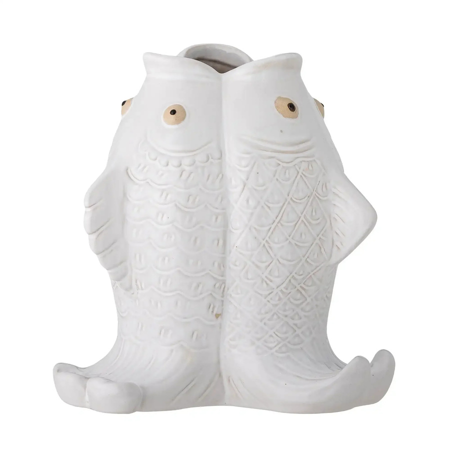 Bloomingville Vase Fili aus Steingut in Weiß mit Fischmuster, Höhe: 19 cm - Bild 1