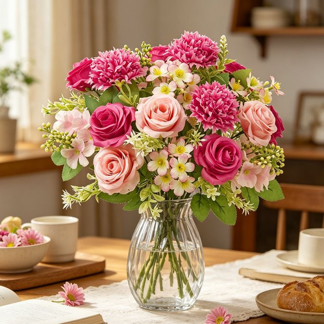 ZQCY Künstliche Blumen Mischung aus Hortensien und Rosen in Pink und Purple für Tischdekoration und Hochzeiten - Bild 1