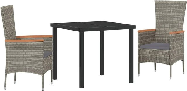 vidaXL Garten Essgruppe 3-teilig aus Poly-Rattan und Akazienholz in Grau mit Kissen und Glastisch - Bild 1