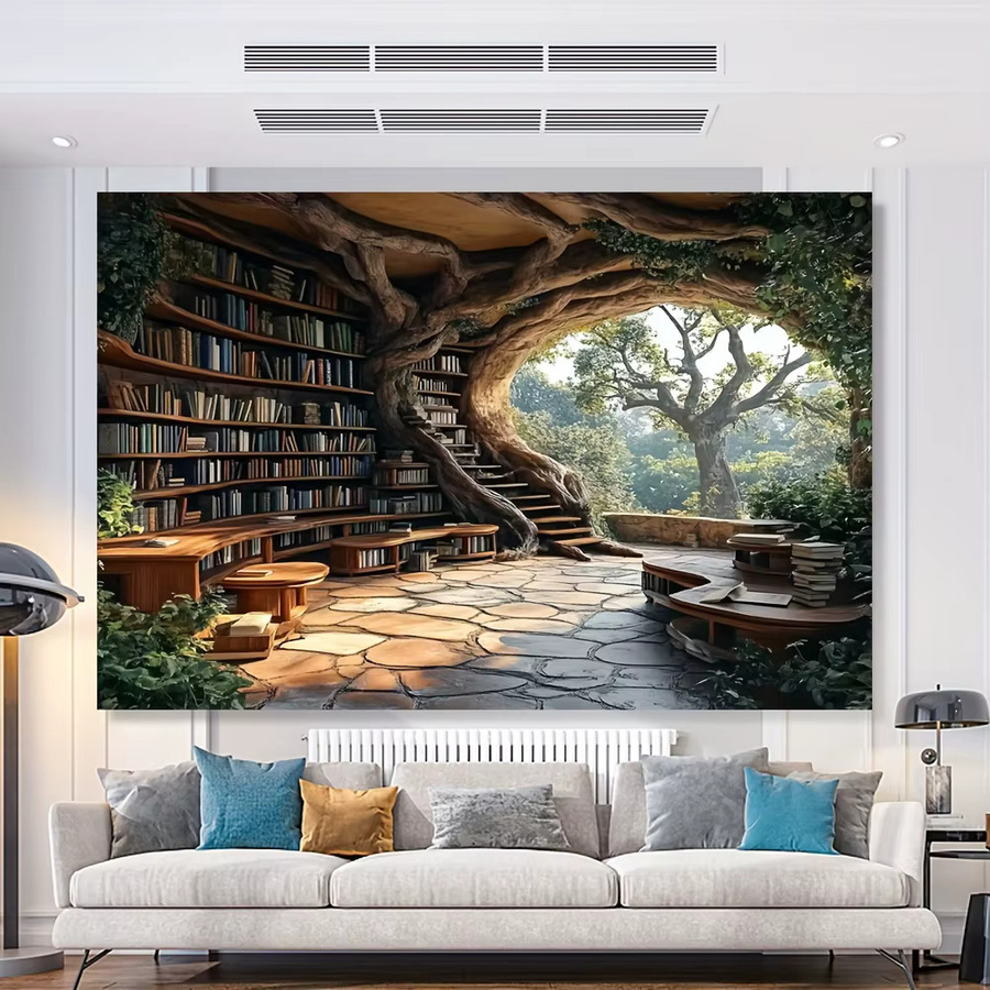 VIKAMA Wandteppich Baumloch-Bücherregal in Schwarz-Weiß, dekorativer Textil-Wandteppich für dein Wohnzimmer - Bild 4
