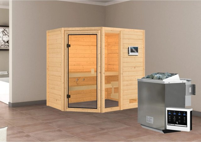 Karibu Massivholzsauna Jada mit BioKombiofen und externem Steuergerät in Braun - Bild 1