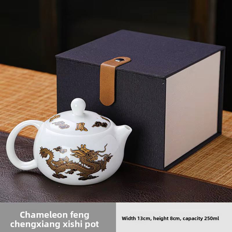 Handgefertigte Fengming Xishi-Teekanne aus Wildleder-Jadeporzellan in Gold und Weiß - Bild 5