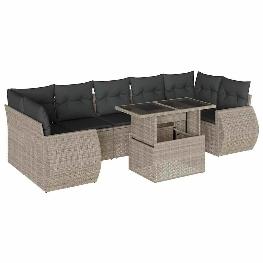 vidaXL 8-teilige Garten-Sofagarnitur in L-Form aus Poly-Rattan mit Kissen in Hellgrau - Bild 2