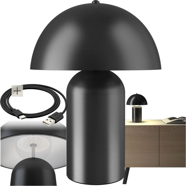 tectake Akku-Tischlampe Kade im Retro-Pilzdesign, Schwarz, B/T/H: 25 x 25 x 34 cm - Bild 1