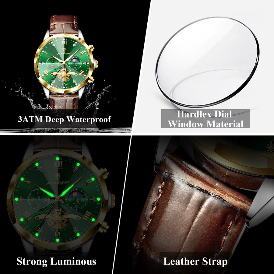 POEDAGAR Chronograph Armbanduhr, Quarz, Leder, Silber, Herren - Bild 4