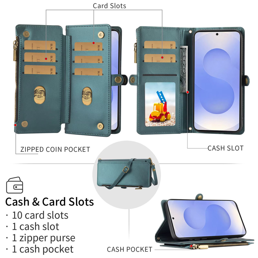 Multifunktionale Flip-Top Brieftasche mit Reißverschluss und Handyhülle für Samsung Galaxy A-Serie, Kartenhalter mit mehreren Kartenfächern, Farbe: Gold - Bild 2