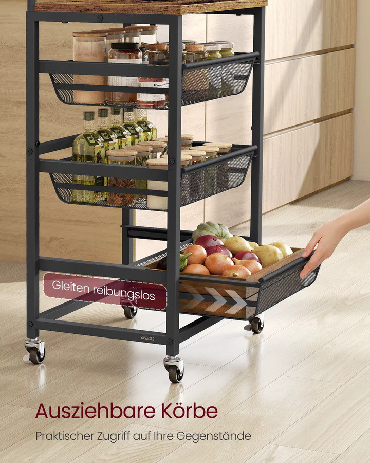 VASAGLE Servierwagen mit 4 Ebenen und herausziehbaren Körben in Schwarz-Braun, Rollwagen für die Küche, B/T/H: 31,7 x 40 x 76 cm - Bild 2